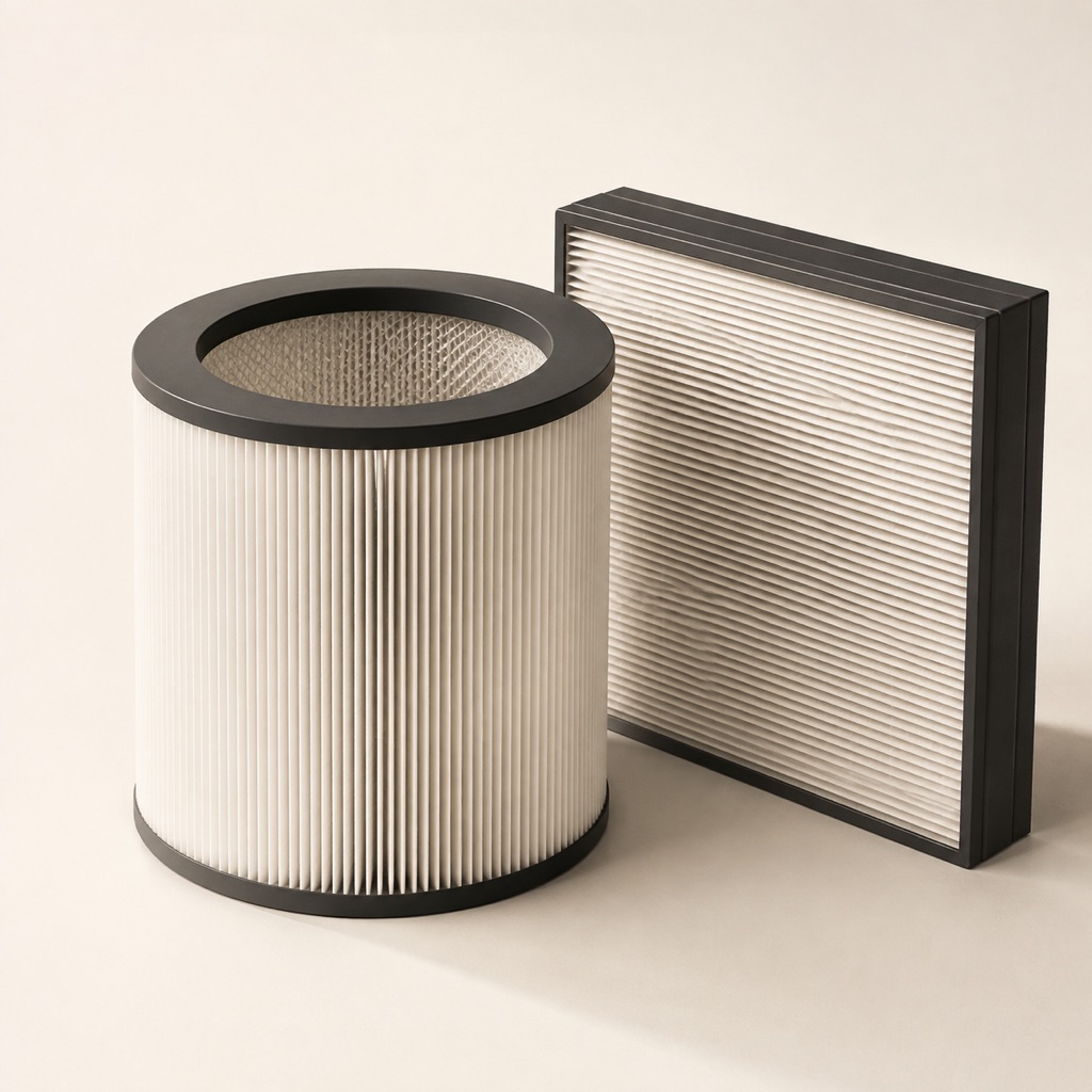 Illustration of cylindrical and rectangular pleated air filters